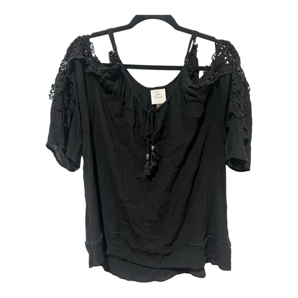 Knox Rose Black Tie Front Embroidered Lace Strappy Tassel Plus Size BoHo Size 2X